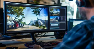 A person wearing headphones edits a video on a computer with dual monitors, with a keyboard and mouse on the desk.